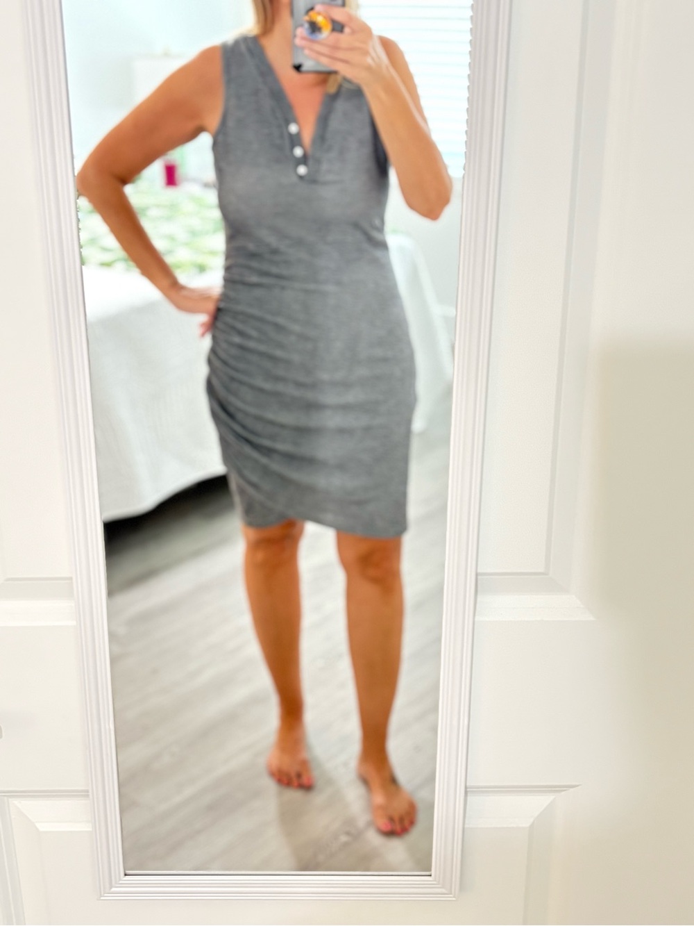 Sleeveless V-Neck Ruched Mini Dress - Gray